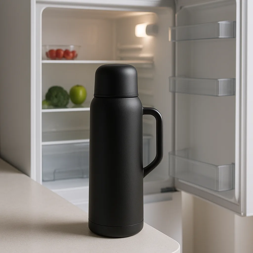 Modern Black Thermos Positioned in Front of a White Refrigerator