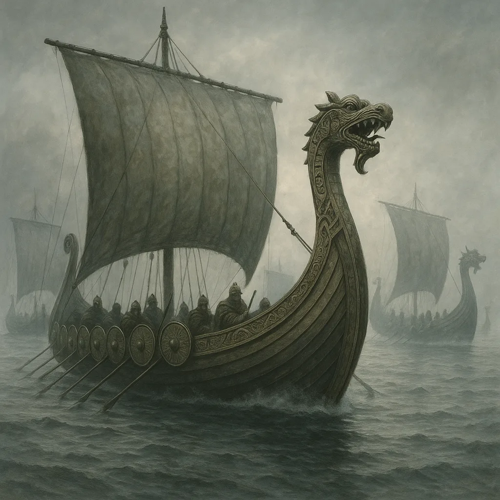 Group of Viking Longships Adorned with Elaborate Carvings
