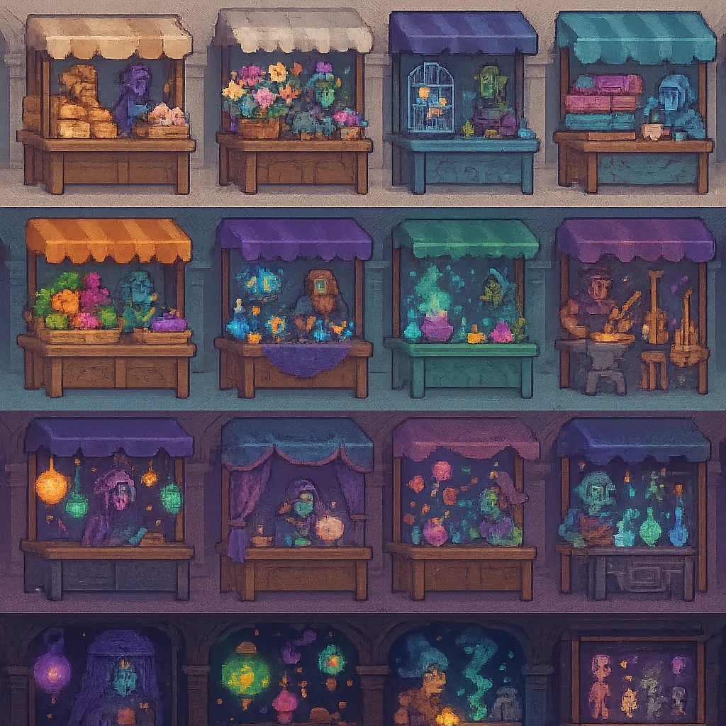 Detailed Square Pixel-art Scene Portraying a Lively Marketplace