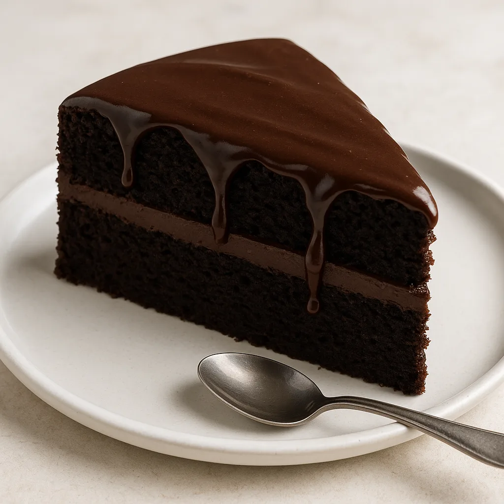 Decadent Chocolate Fudge Cake Placed on a White Ceramic Dish