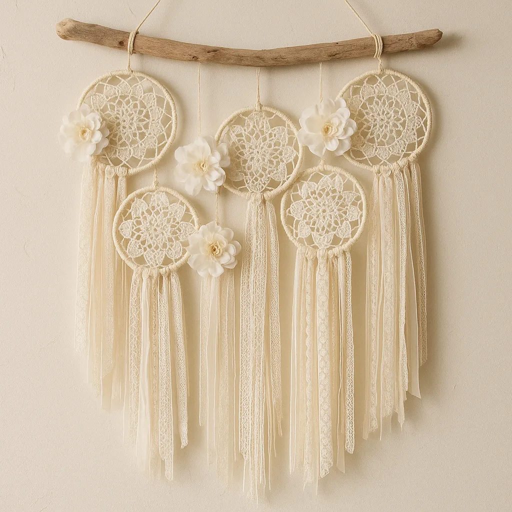 Bohemian-style Wall Hanging Made of Ivory Lace Dreamcatchers
