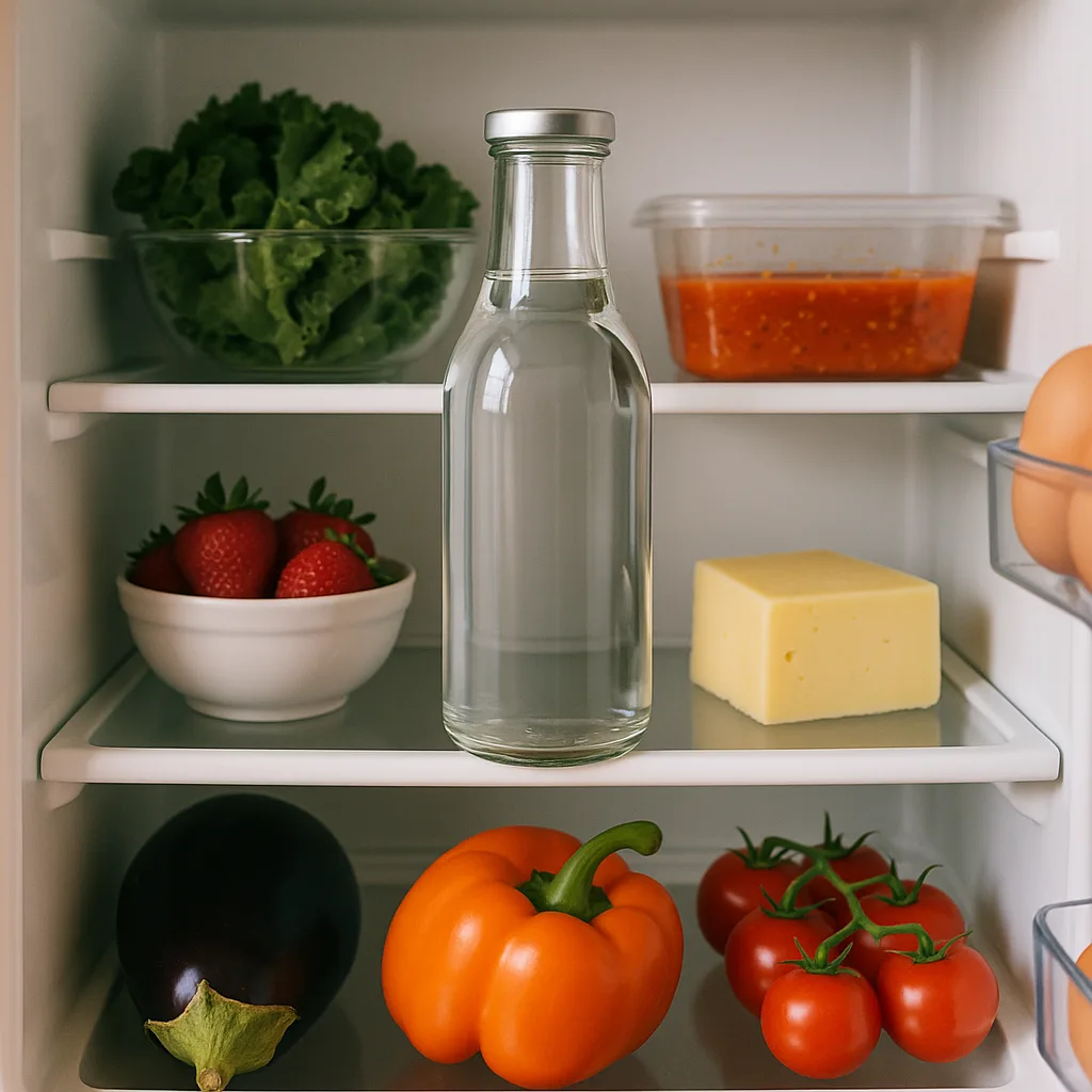 Transparent Glass Bottle Placed Within an Open Refrigerator