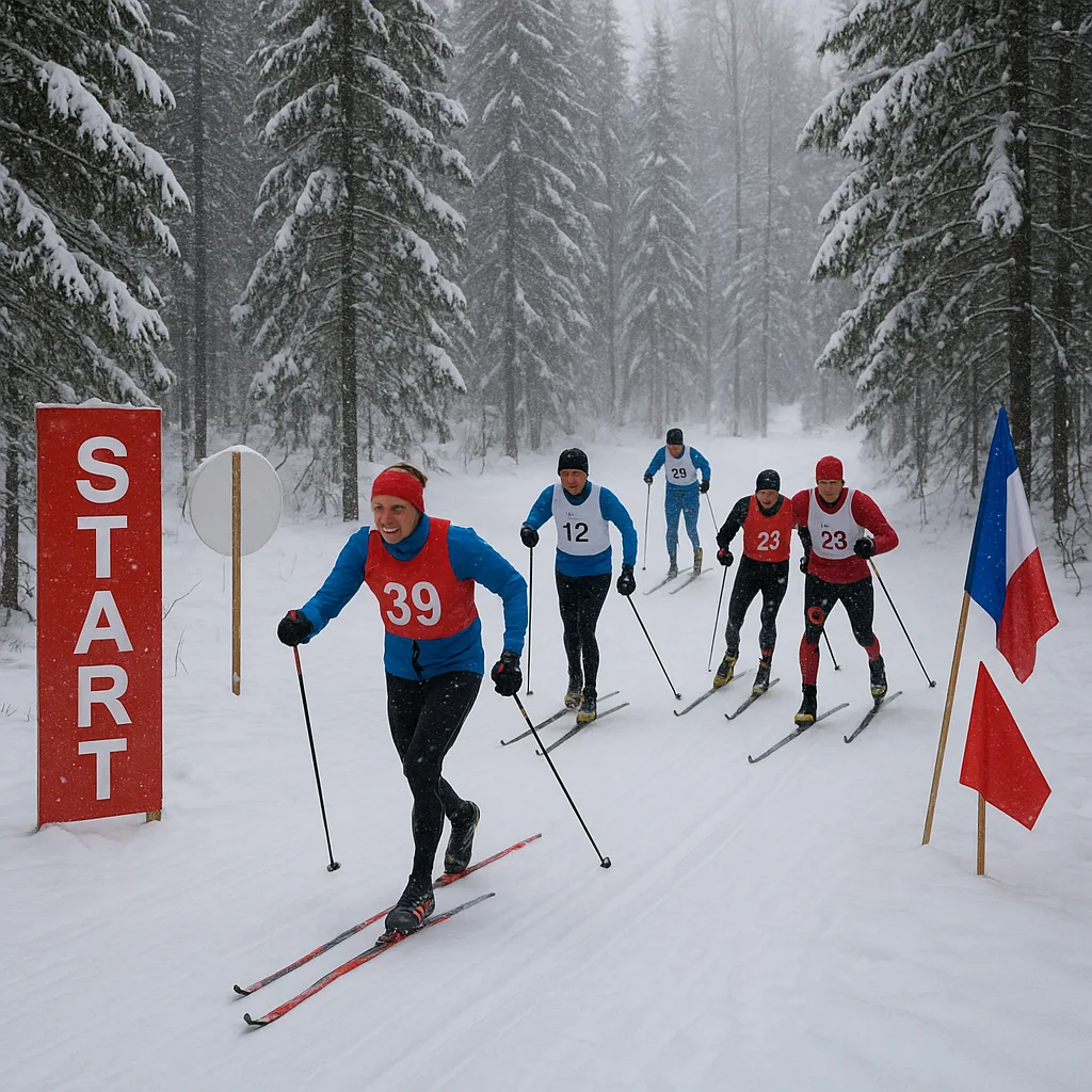 Cross-country Skiers in a Snowy Forest Setting Participate