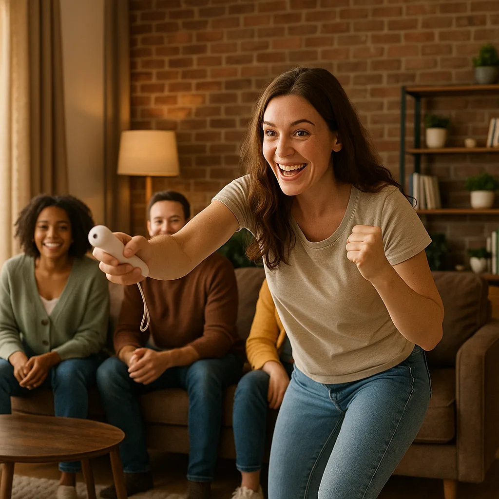 Woman in Casual Attire Plays a Motion-controlled Video Game