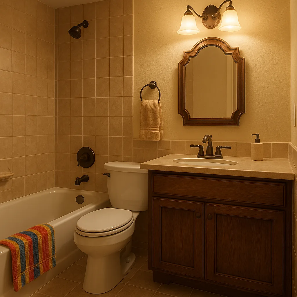 Cozy Bathroom with Beige Tiled Walls