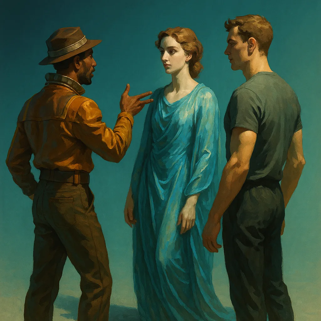 Figure of North African Descent in Retro-tech Attire Expressively Gestures