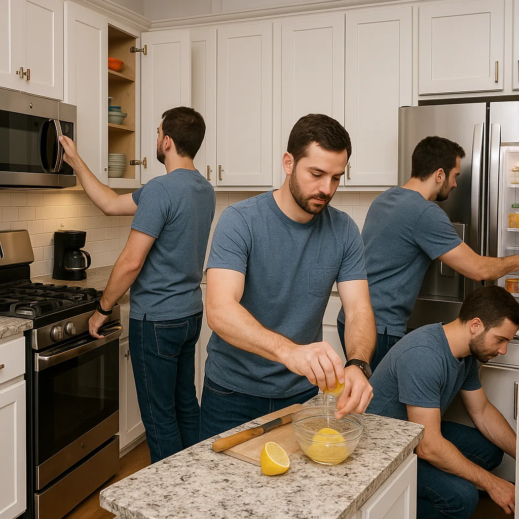 Four Identical Men in a Kitchen Performing Various Tasks