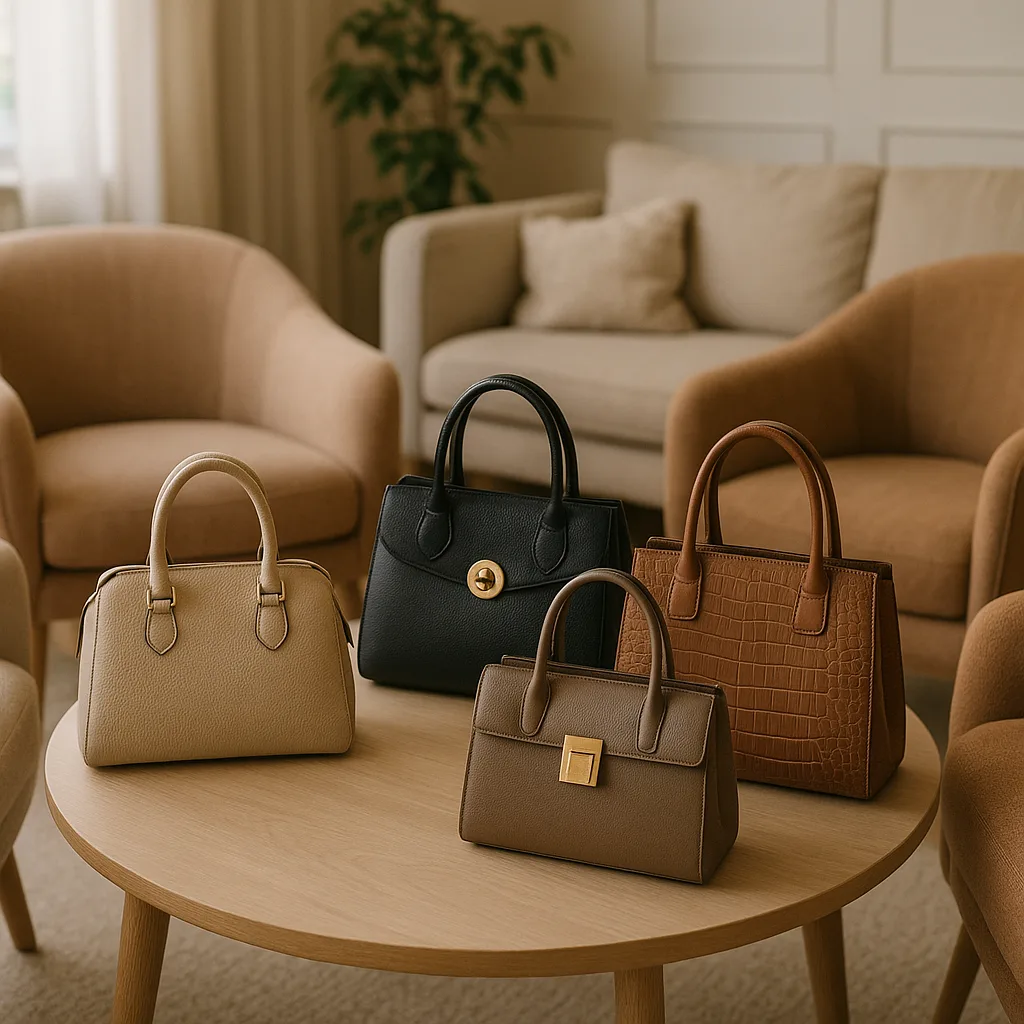 Show Four Purses Arranged Attractively on a Chic Coffee Table