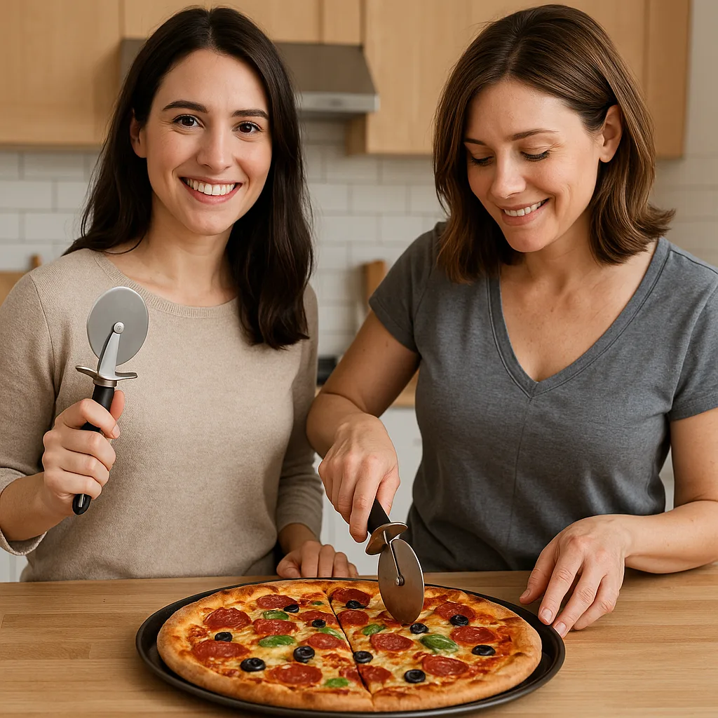 Woman Standing Beside Another Lady Who Is Cutting a Hot