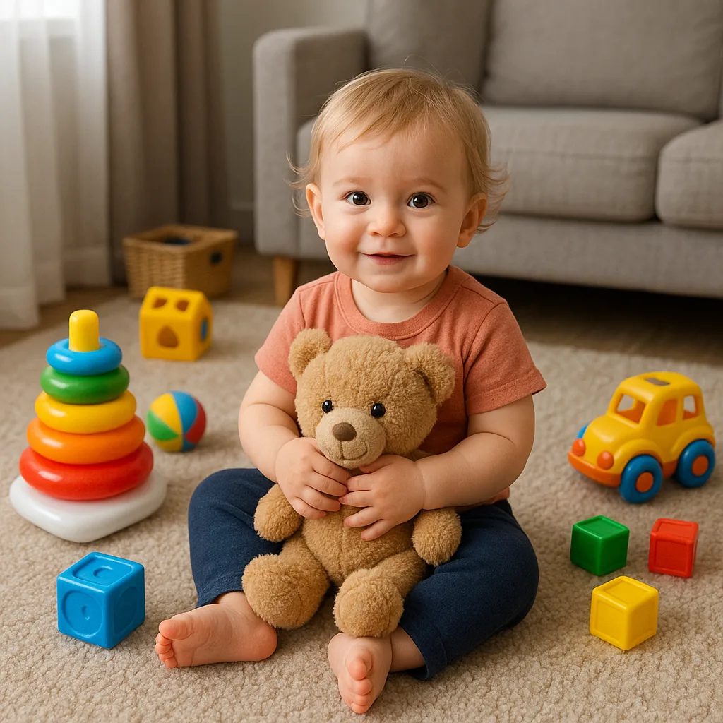 Small Child Sits on a Carpeted Floor Surrounded by Toys