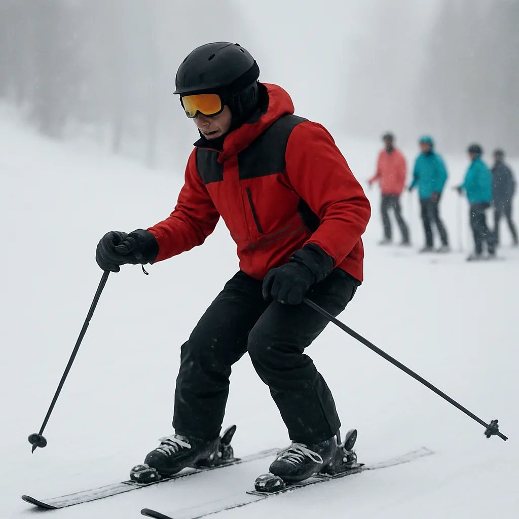Skier in Motion Wearing a Helmet