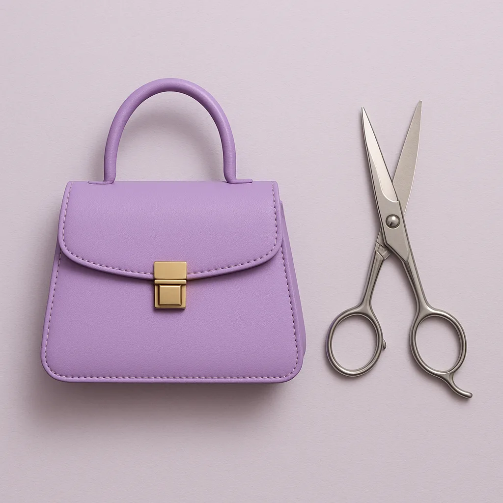 Silver Pair of Scissors Alongside a Lavender-colored Handbag