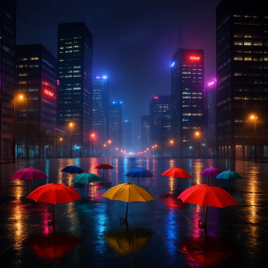 Scattering of Brightly Colored Umbrellas Dots a Vast