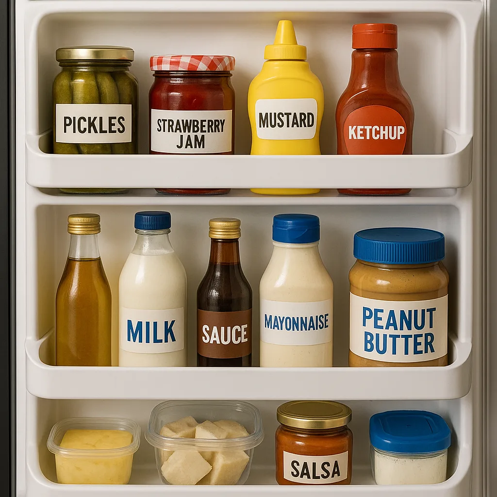Refrigerator Door Stocked with Various Condiments