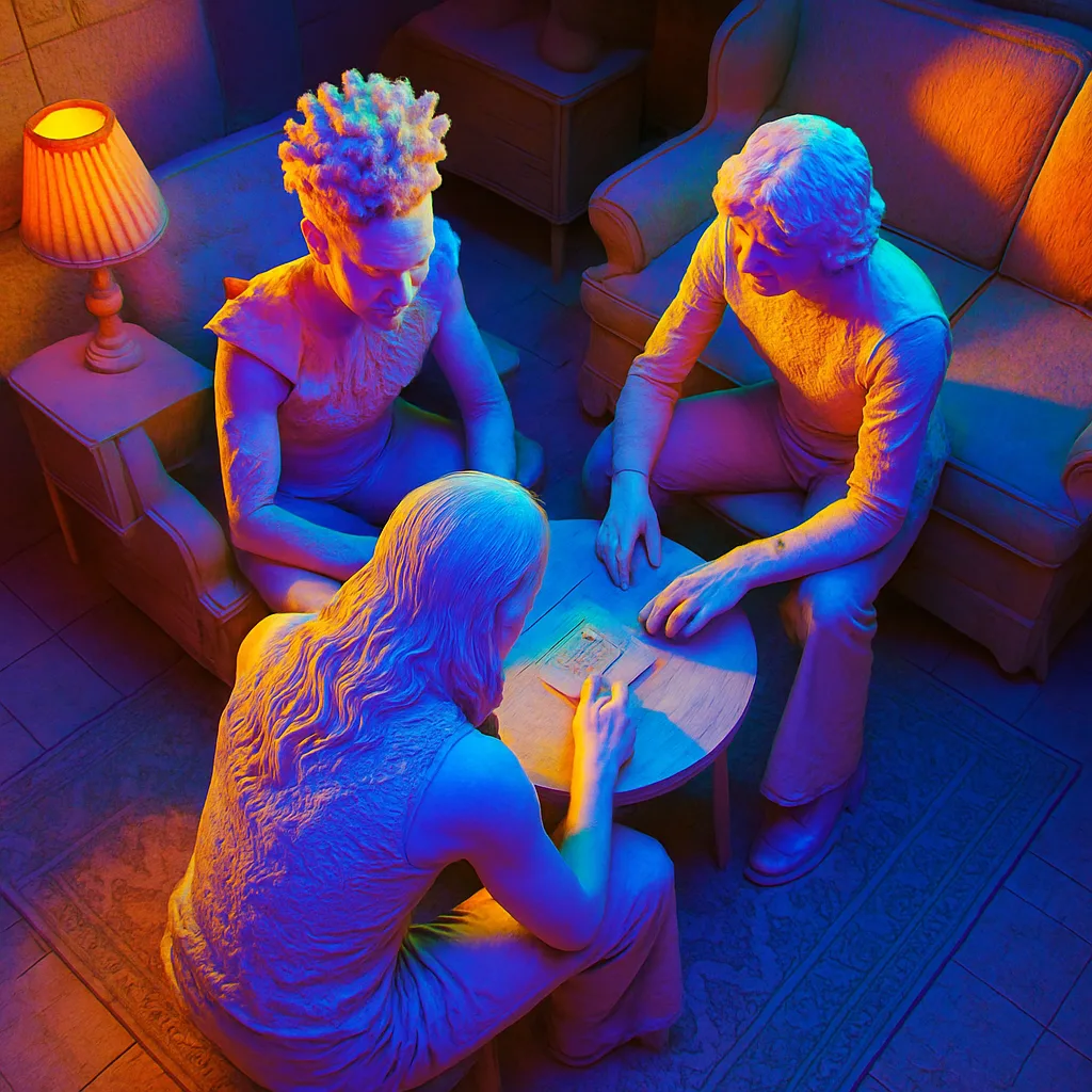 Three Figures Are Intricately Positioned Amidst Vintage Furniture