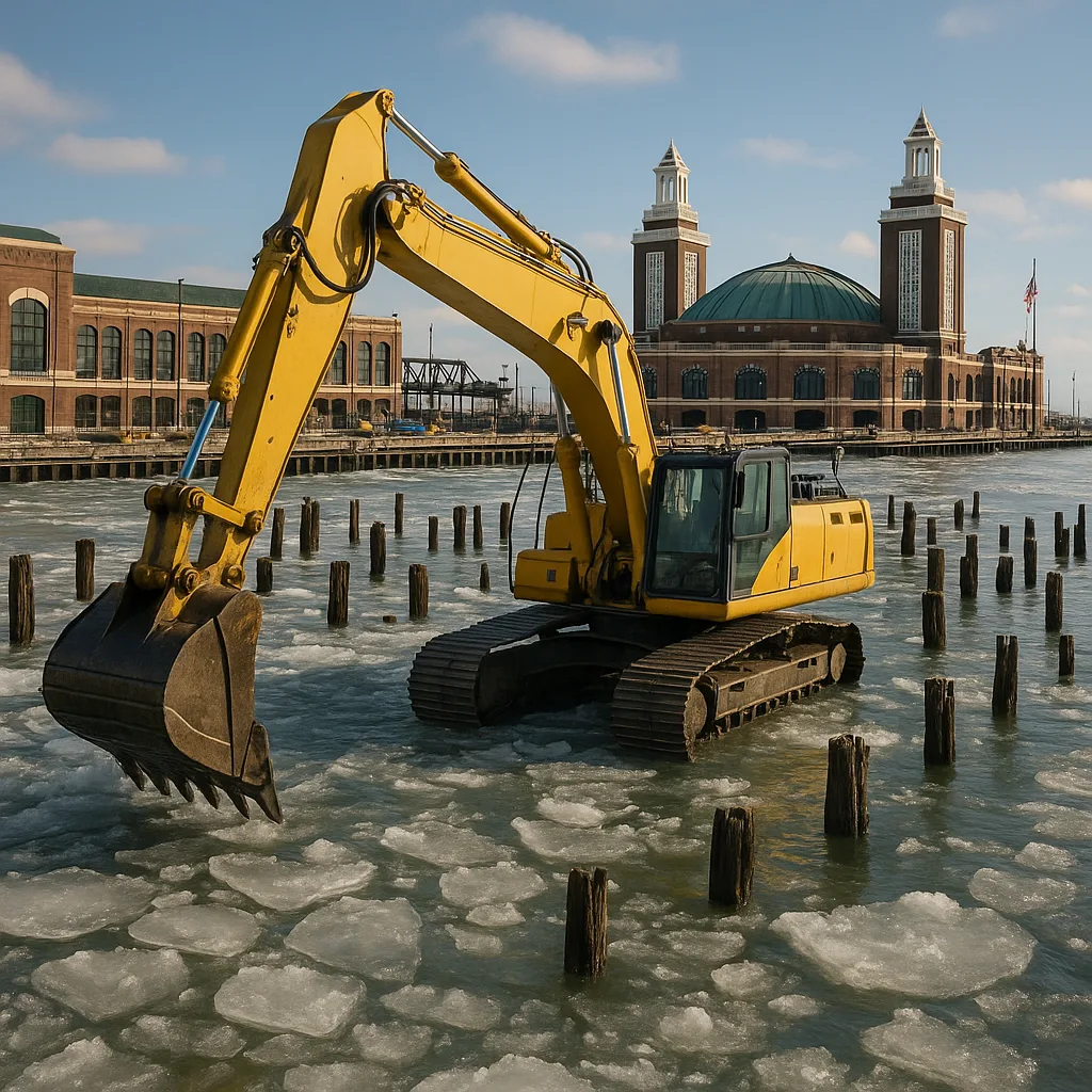 Large Yellow Excavator Works Amidst Icy Waters