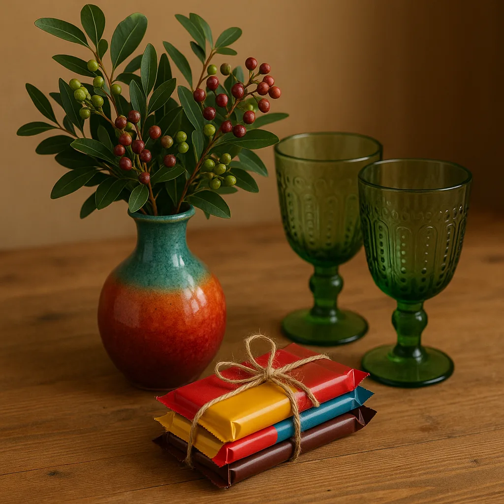 Wooden Table Displays a Colorful Vase with Greenery and Berries