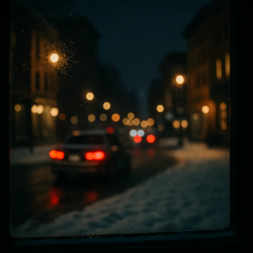 Nighttime Street Scene Viewed Through a Window