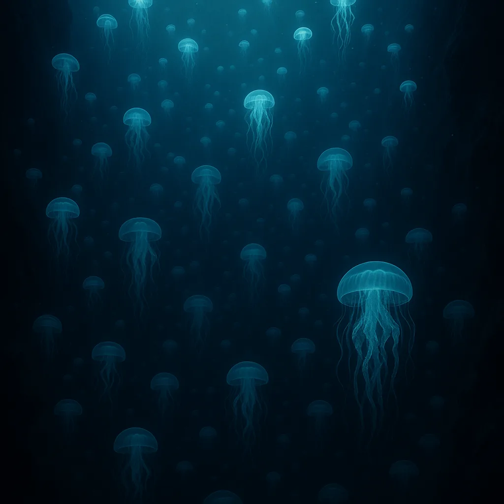 Vast Swarm of Bioluminescent Jellyfish Drifts Serenely