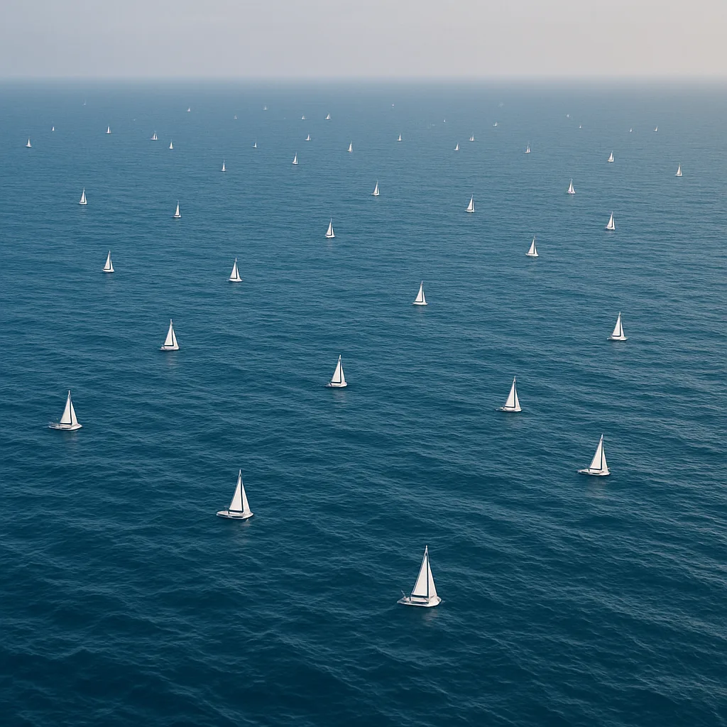 Numerous Tiny Sailboats Appear as Distant White Specks