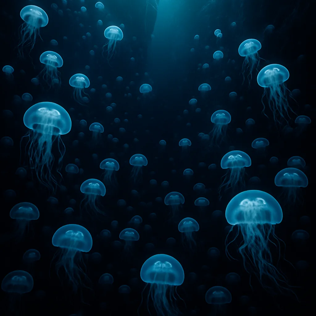 Dense Swarm of Countless Glowing Jellyfish Drifts
