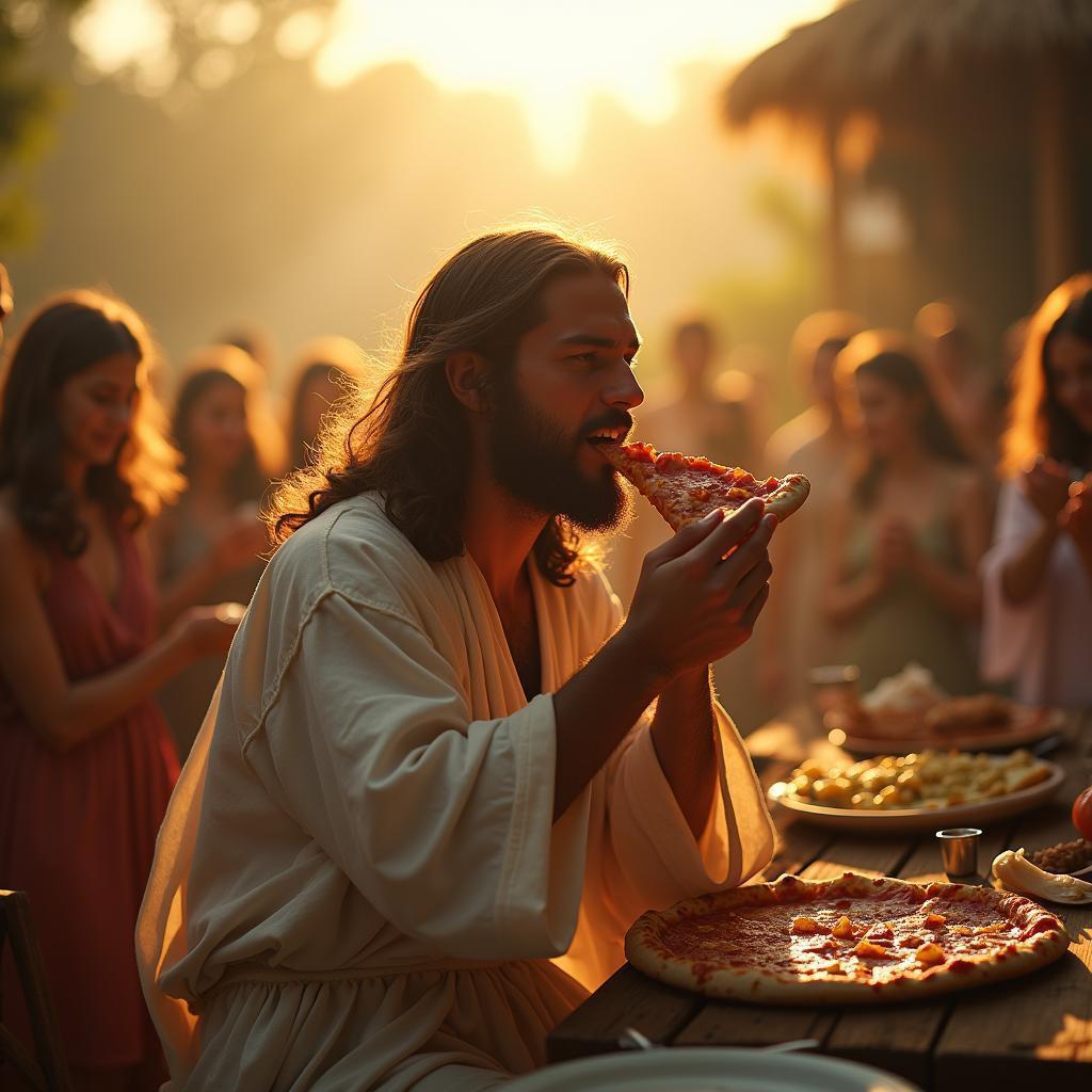 Jesus Enjoying Pizza at Golden Hour