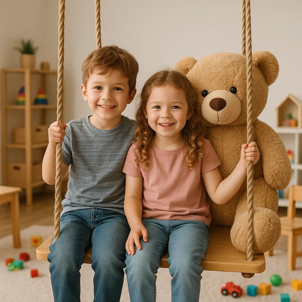 Two Children Sitting on a Swing Indoors Next