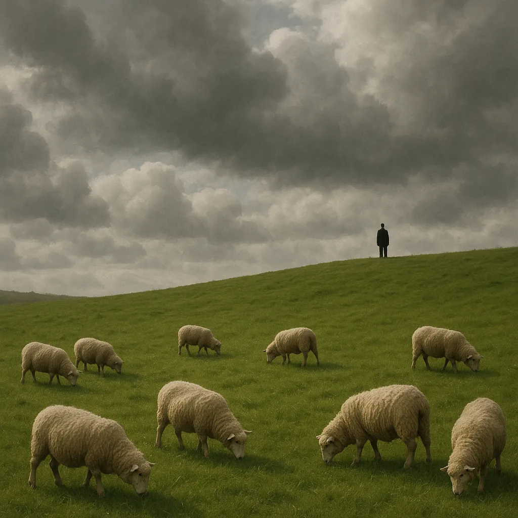 Grassy Field with Grazing Sheep under a Cloudy Sky