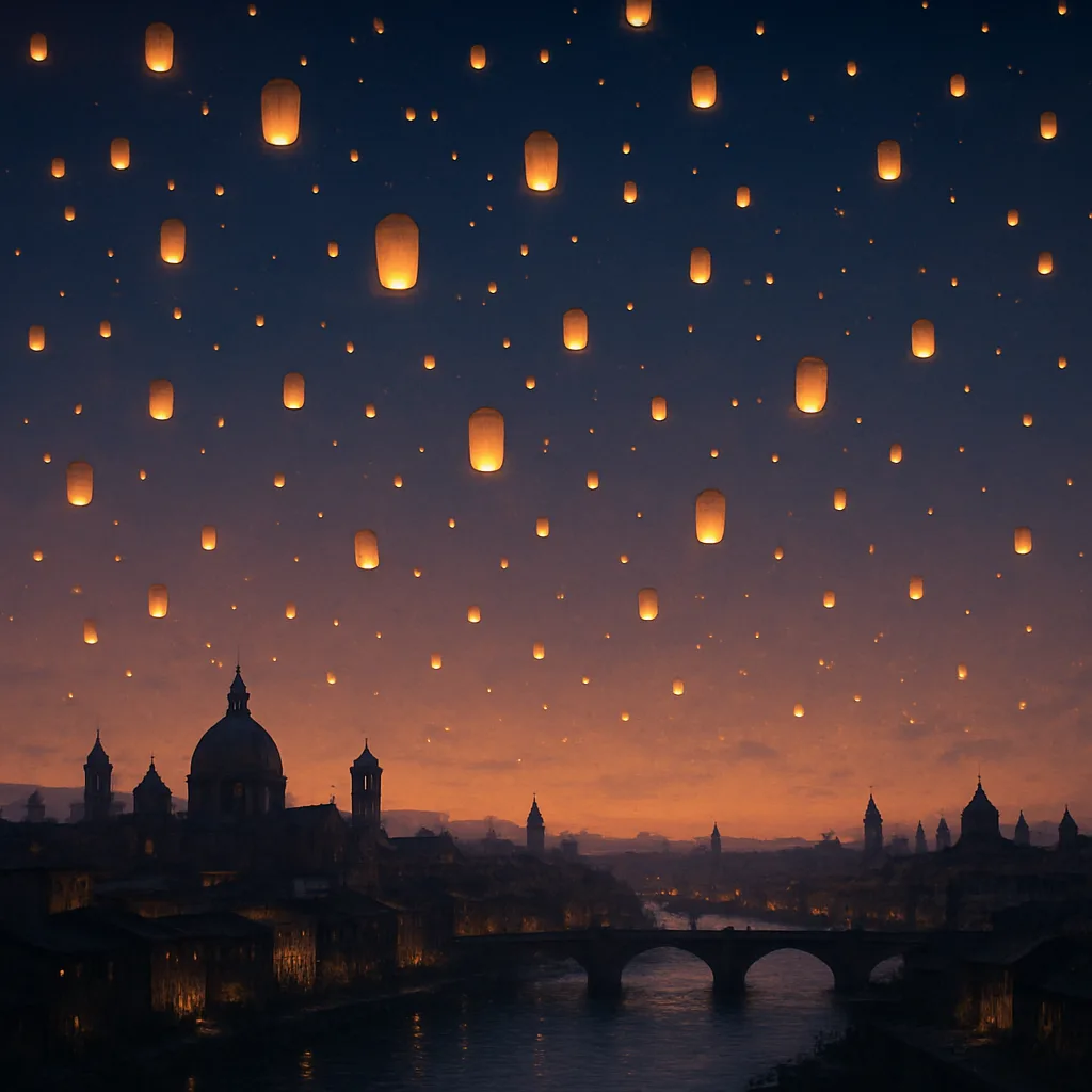 Myriad Distant Lanterns Float Upwards into a Dusky Twilight Sky