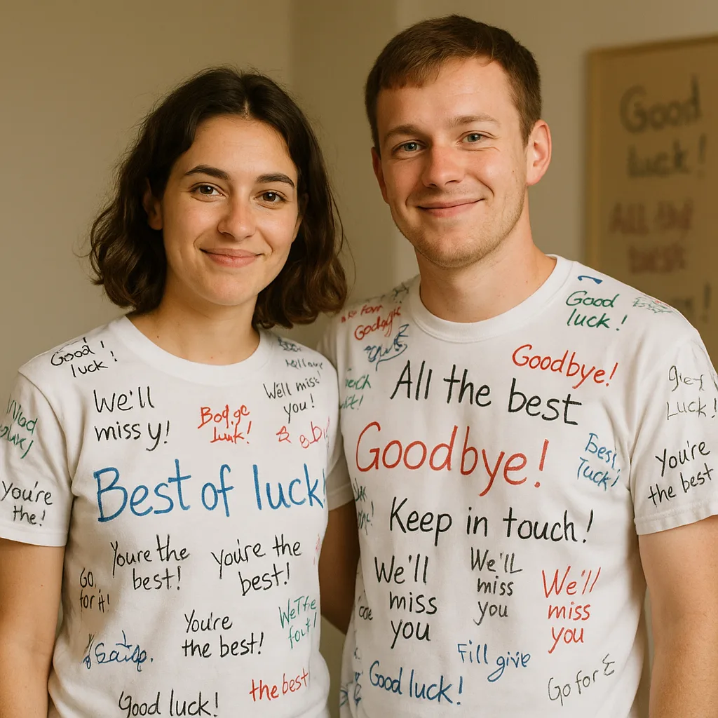 Two People Wearing White Shirts Covered in Handwritten Messages