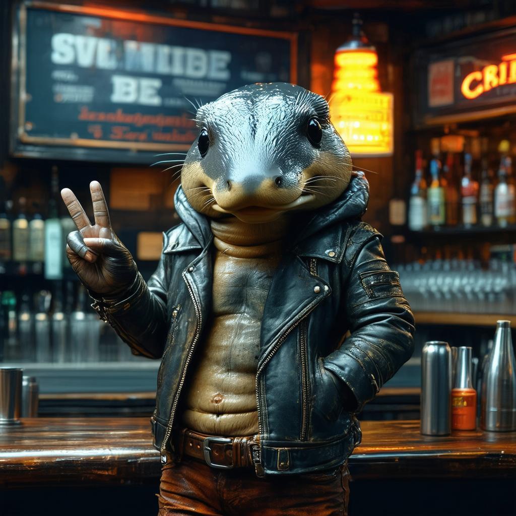Leather Clad Platypus Outside a Dive Bar