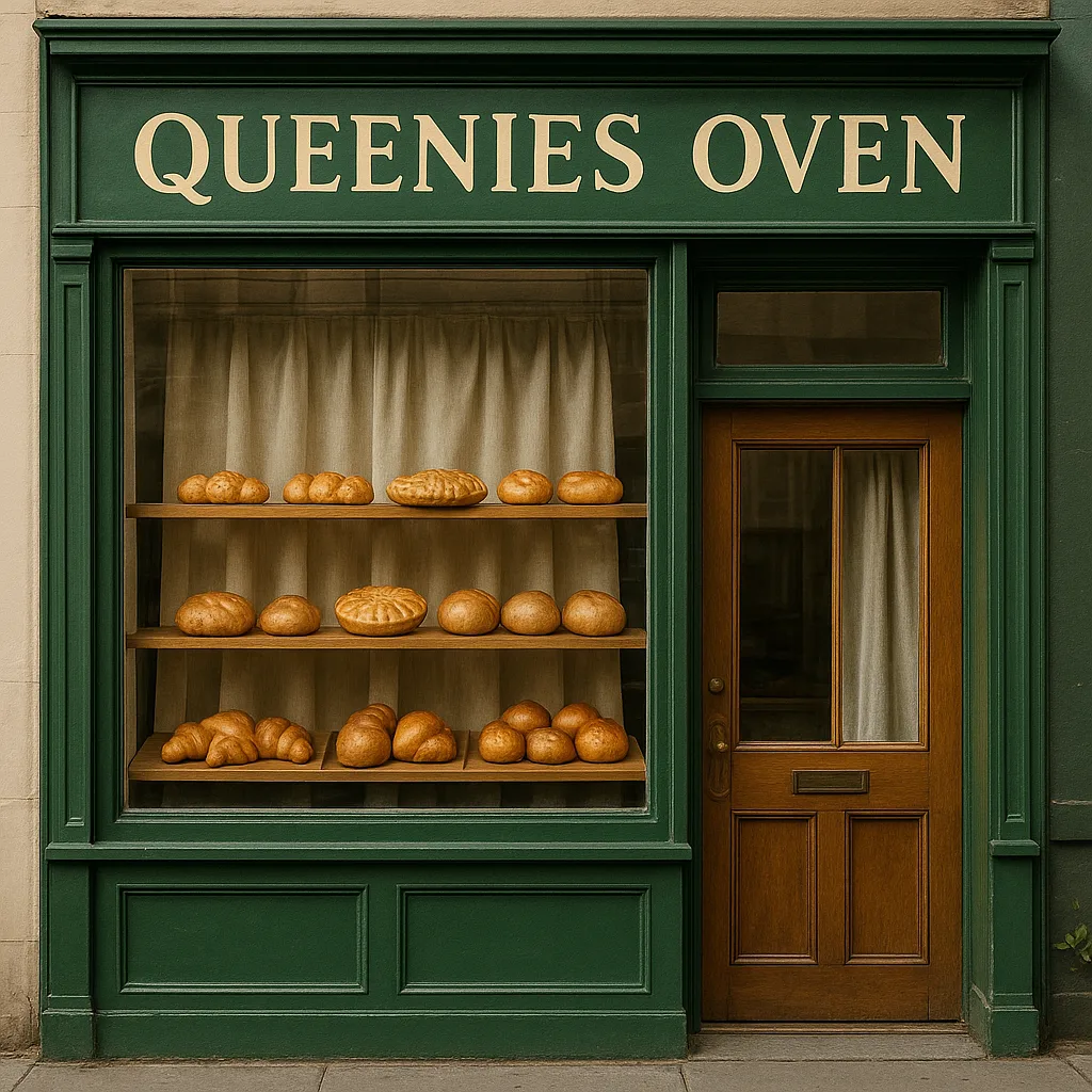 Green Storefront with "Queenies Oven" Signage Displaying Baked Goods
