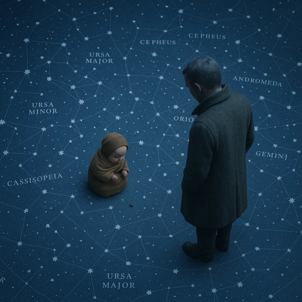 Two Tiny Figures Are Centrally Composed Against a Diagrammatic