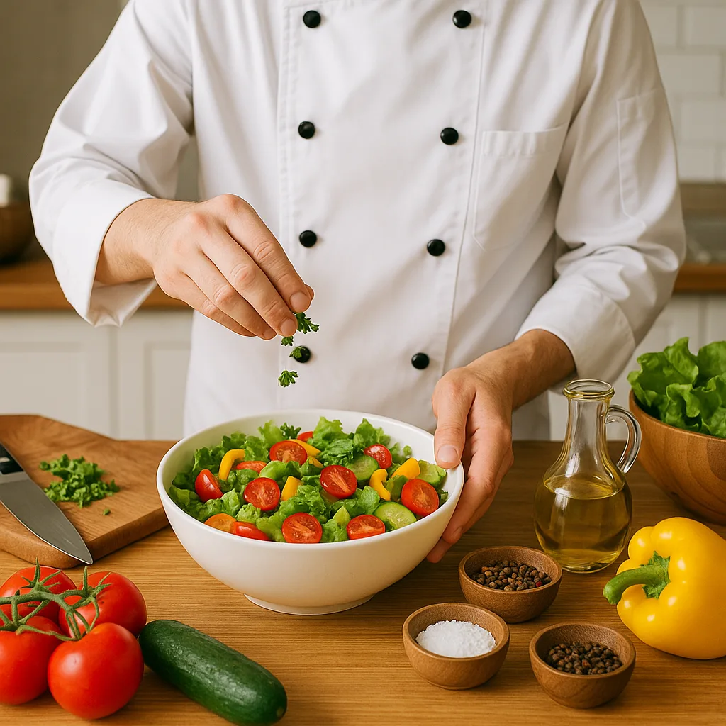 Chef in a White Coat Prepares a Colorful Salad
