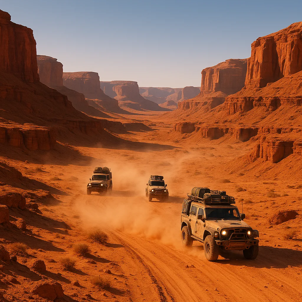 Small Convoy of Rugged Exploration Vehicles Kicks Up Dust Trails
