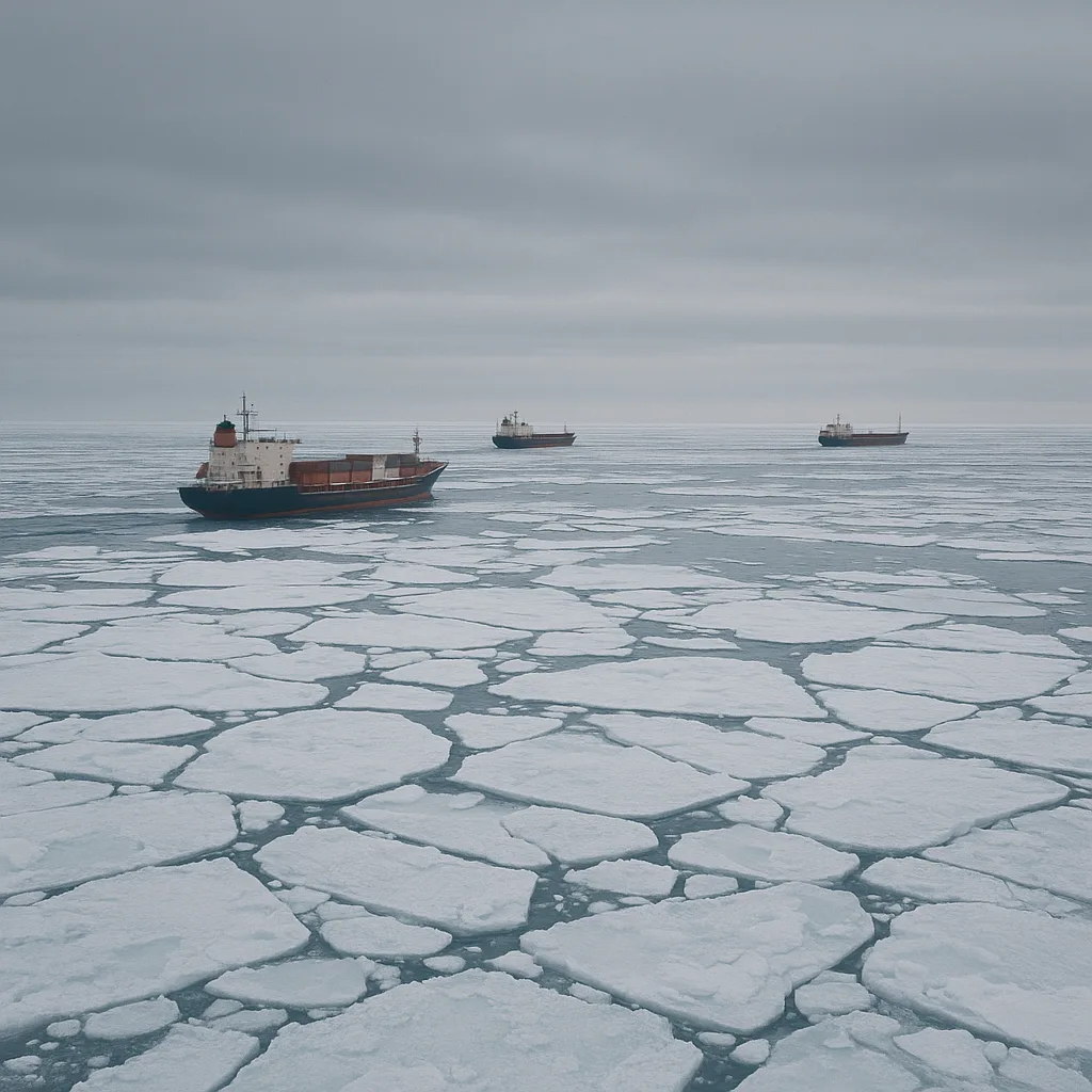 Few Distant Cargo Ships Are Carefully Navigating Through a Massive