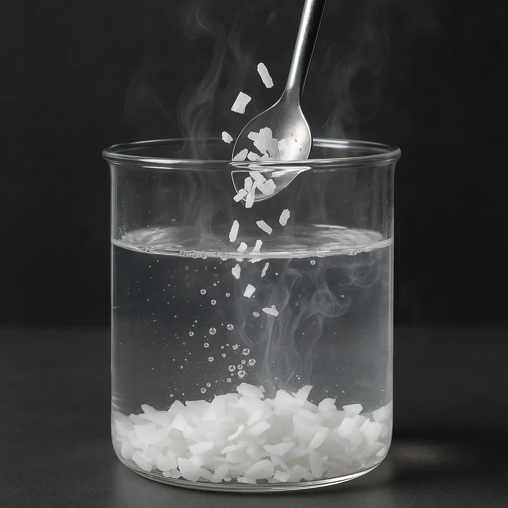 Sodium Hydroxide Flakes Dissolving into Water Inside a Glass Vessel