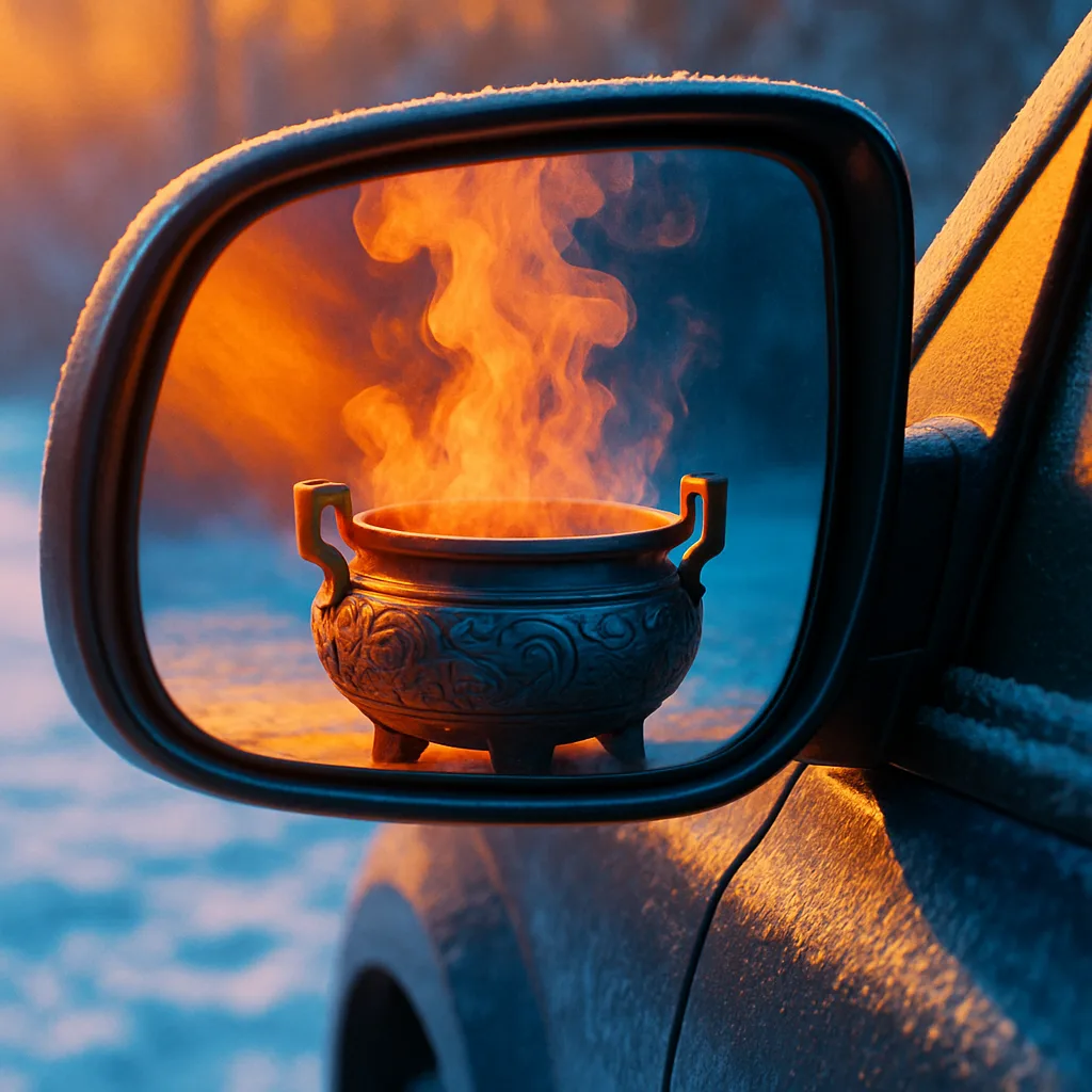 Car Mirror Reflects a Metallic