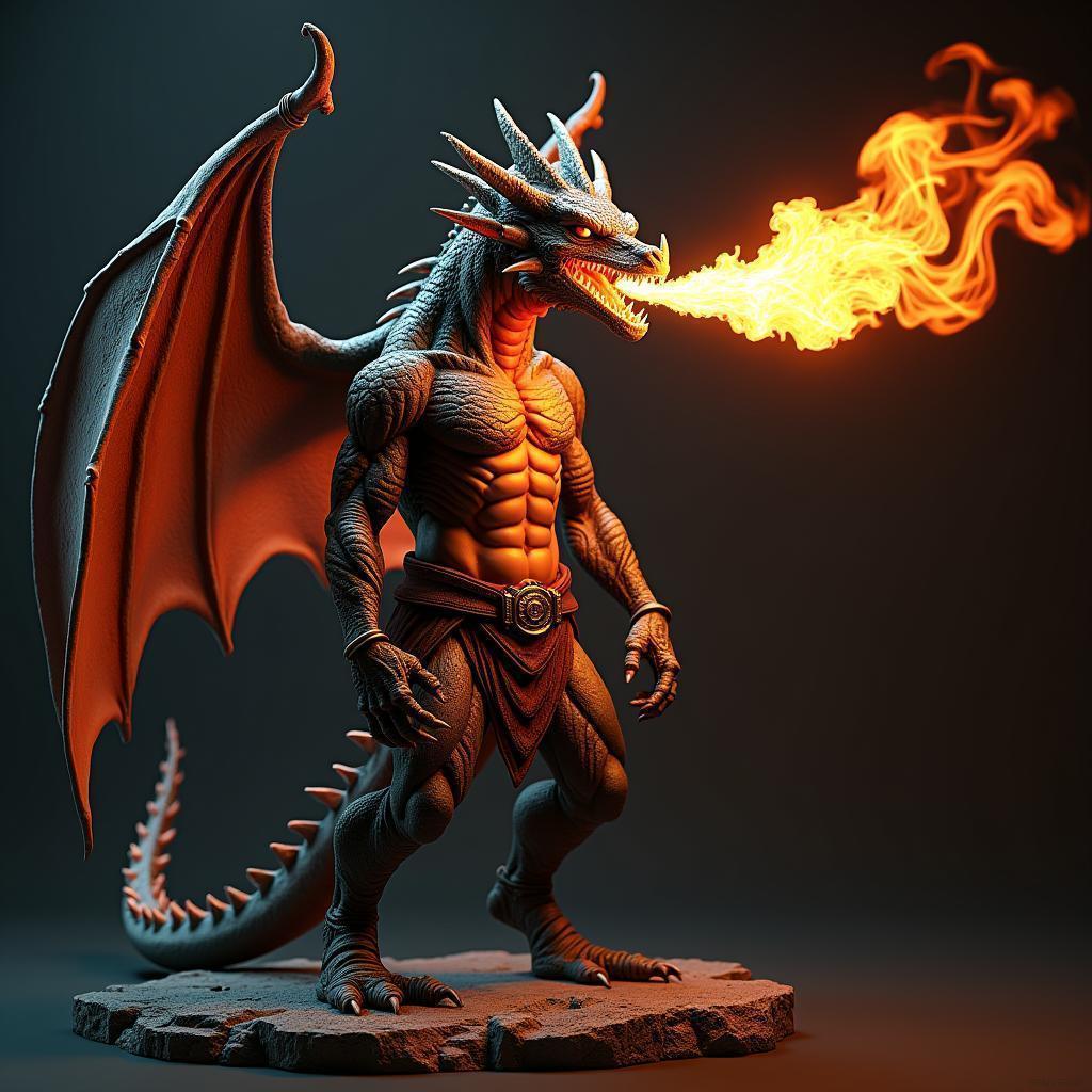 Fiery Humanoid Dragon Adventurer in Chiaroscuro