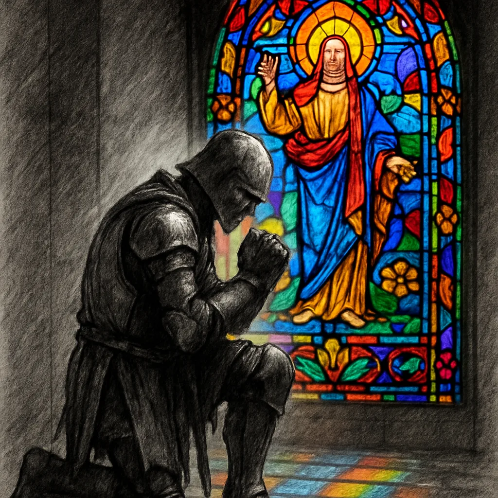 Charcoal Drawing of a Medieval Knight in a Kneeling Position
