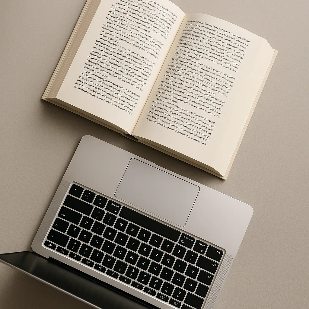 Picture Showing a Silver Laptop with an Open Book