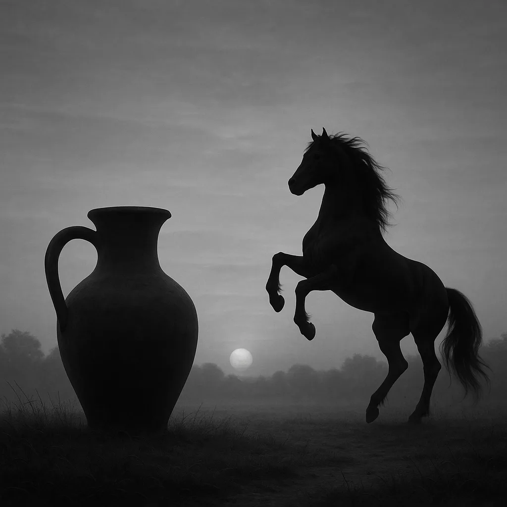 Grayscale Depiction of Dawn Showcasing a Stallion and a Jug