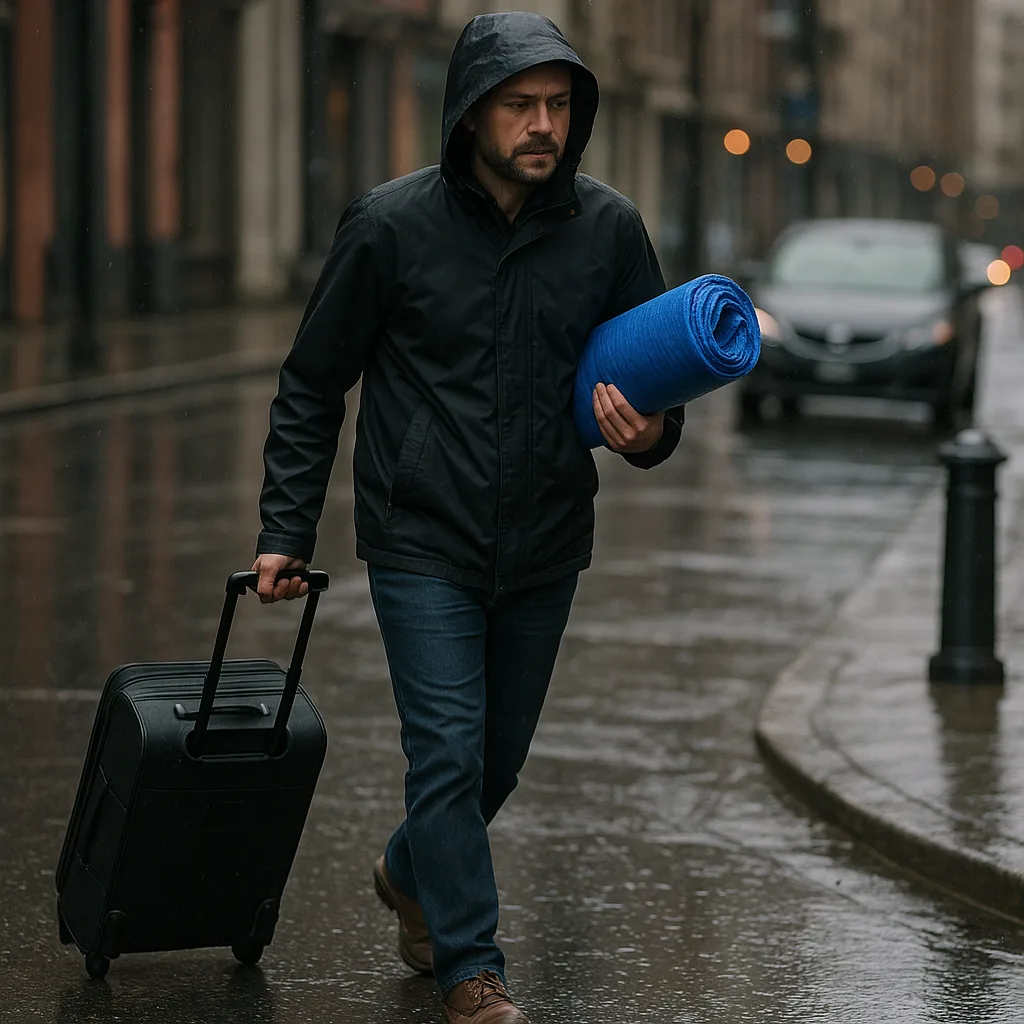 Man Walking on a Wet Street Carrying a Rolled-up