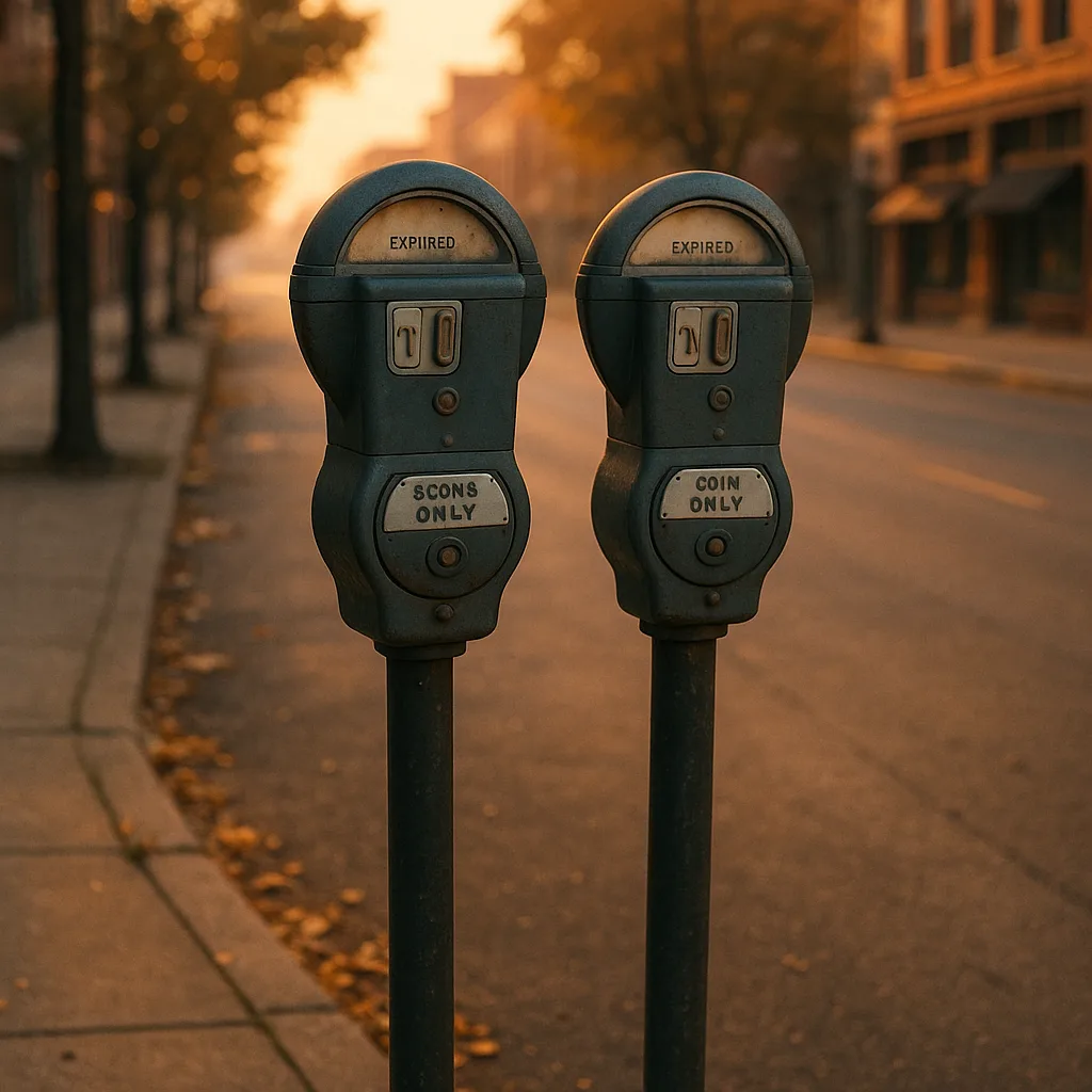 Peaceful City Sidewalk at Sunrise Featuring Two Old-fashioned Parking Meters