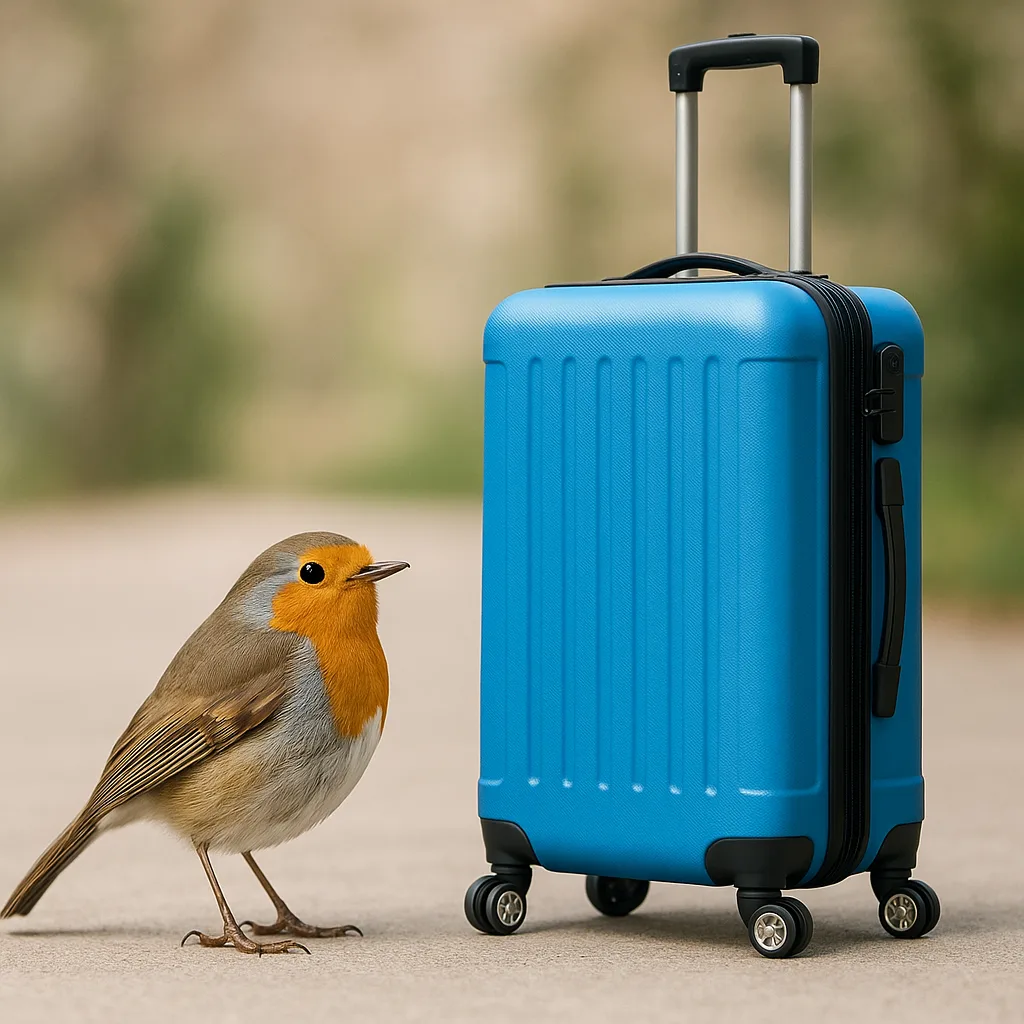 Picture Showing a Bird Sitting near a Blue Suitcase