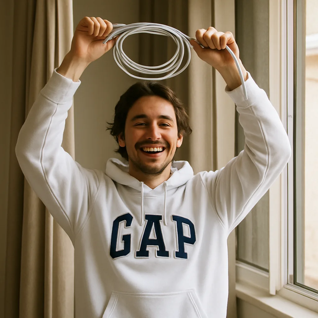 Person Wearing a White GAP Hoodie Is Standing Indoors