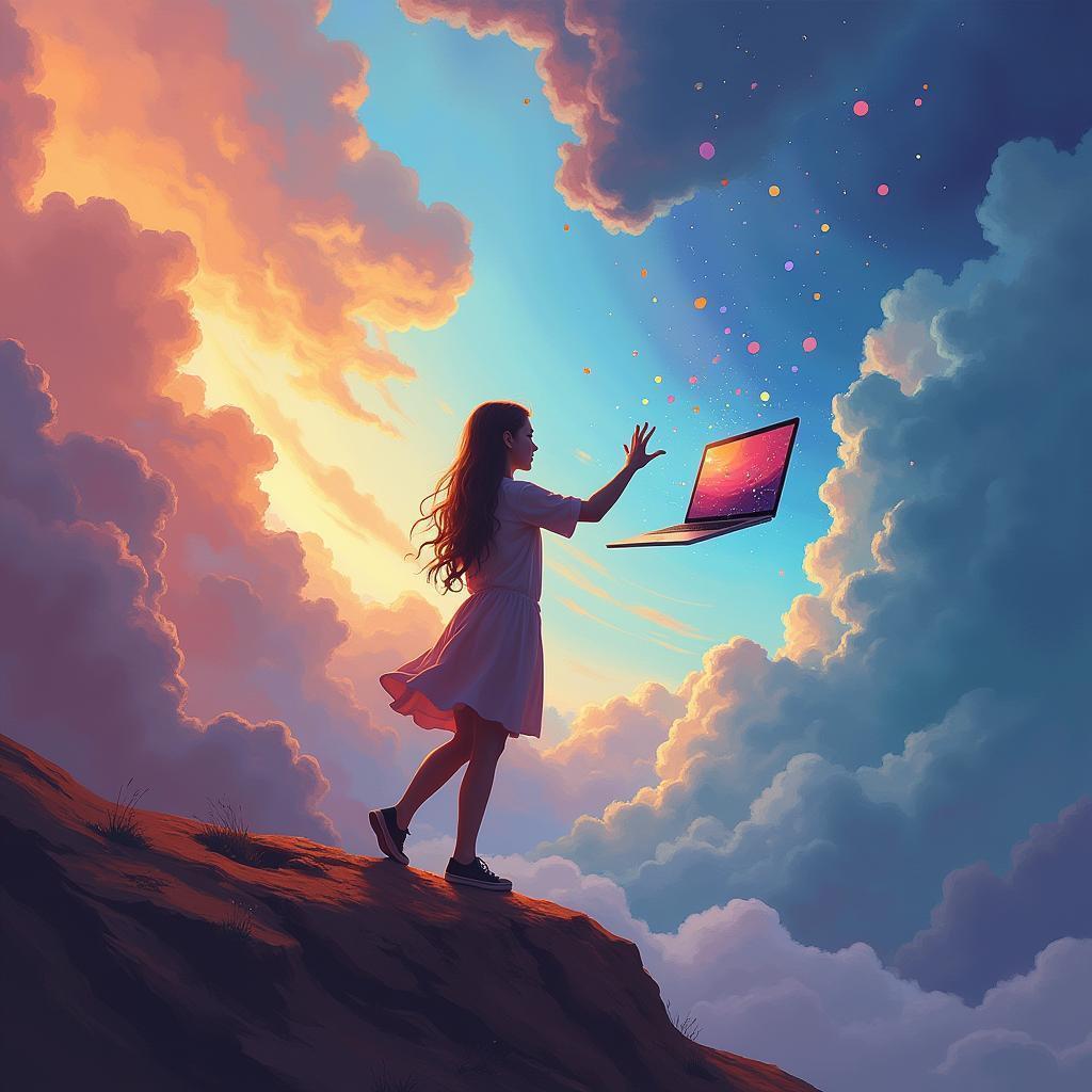 Dreamer Reaching for a Floating Laptop
