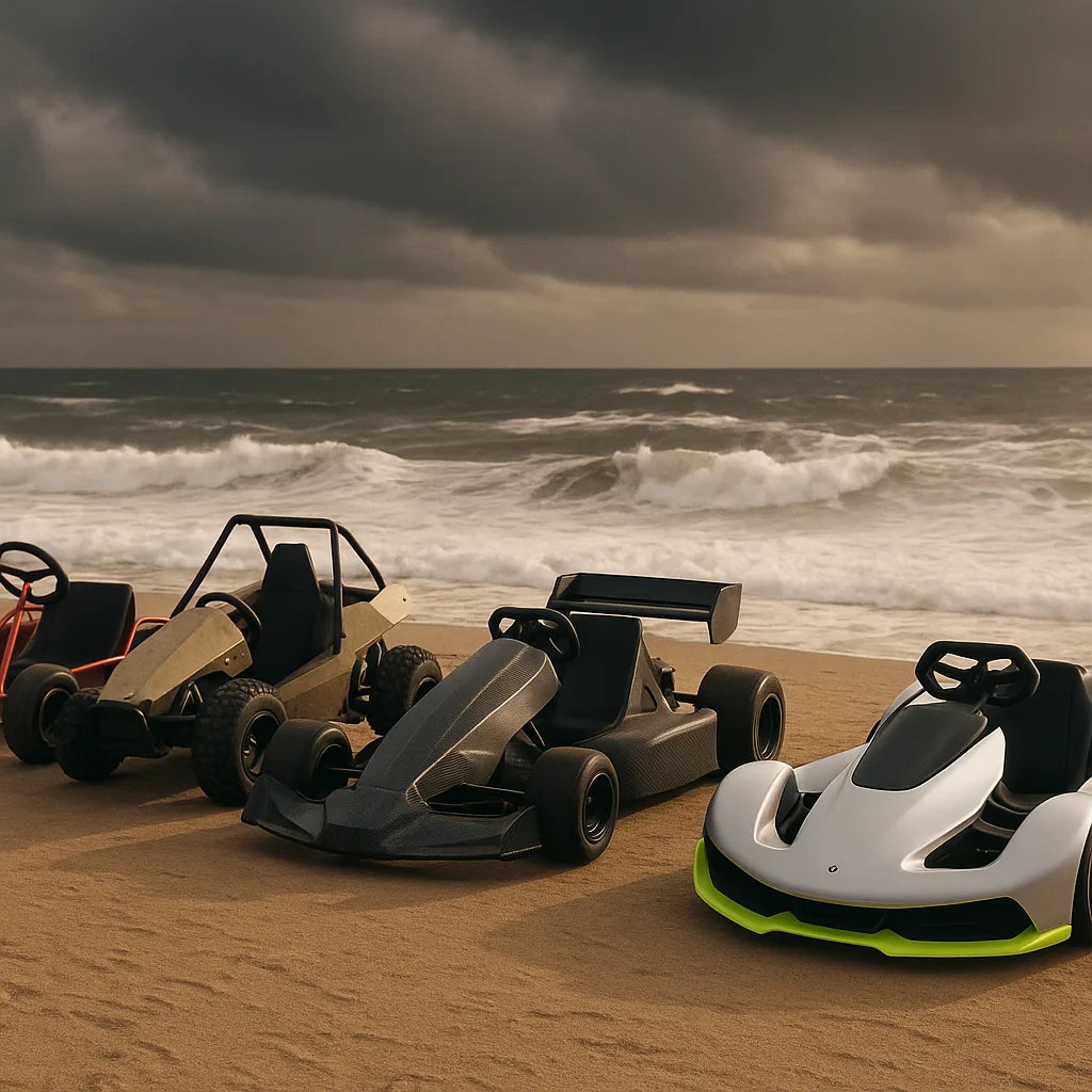 Four Distinct Go-karts Stand Defiantly Against a Stormy Sea