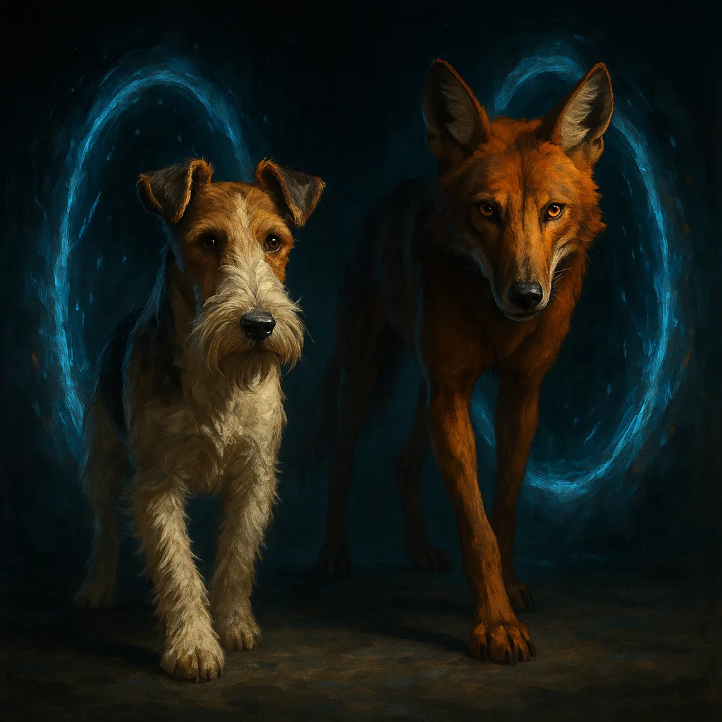 Two Figures—a Wire-haired Fox Terrier Showcasing a Keen Intelligent Expression