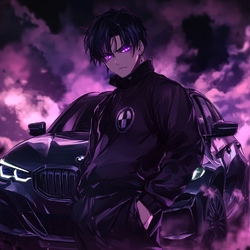 Anime Male with Purple Eyes and BMW